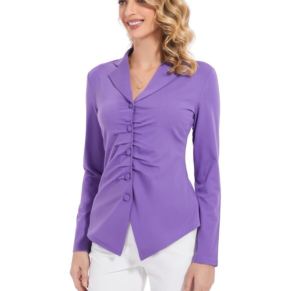 Purple Long Sleeve Button-Up Blouse with Pleated Front Design - Picture 3 of 10